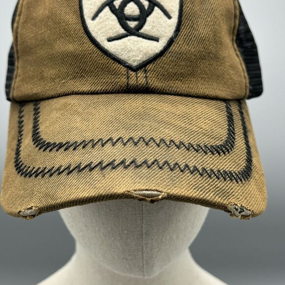 Distressed Ariat Brown Black Baseball Truckers Mesh Hat Adjustable Strap Western - Picture 3 of 12